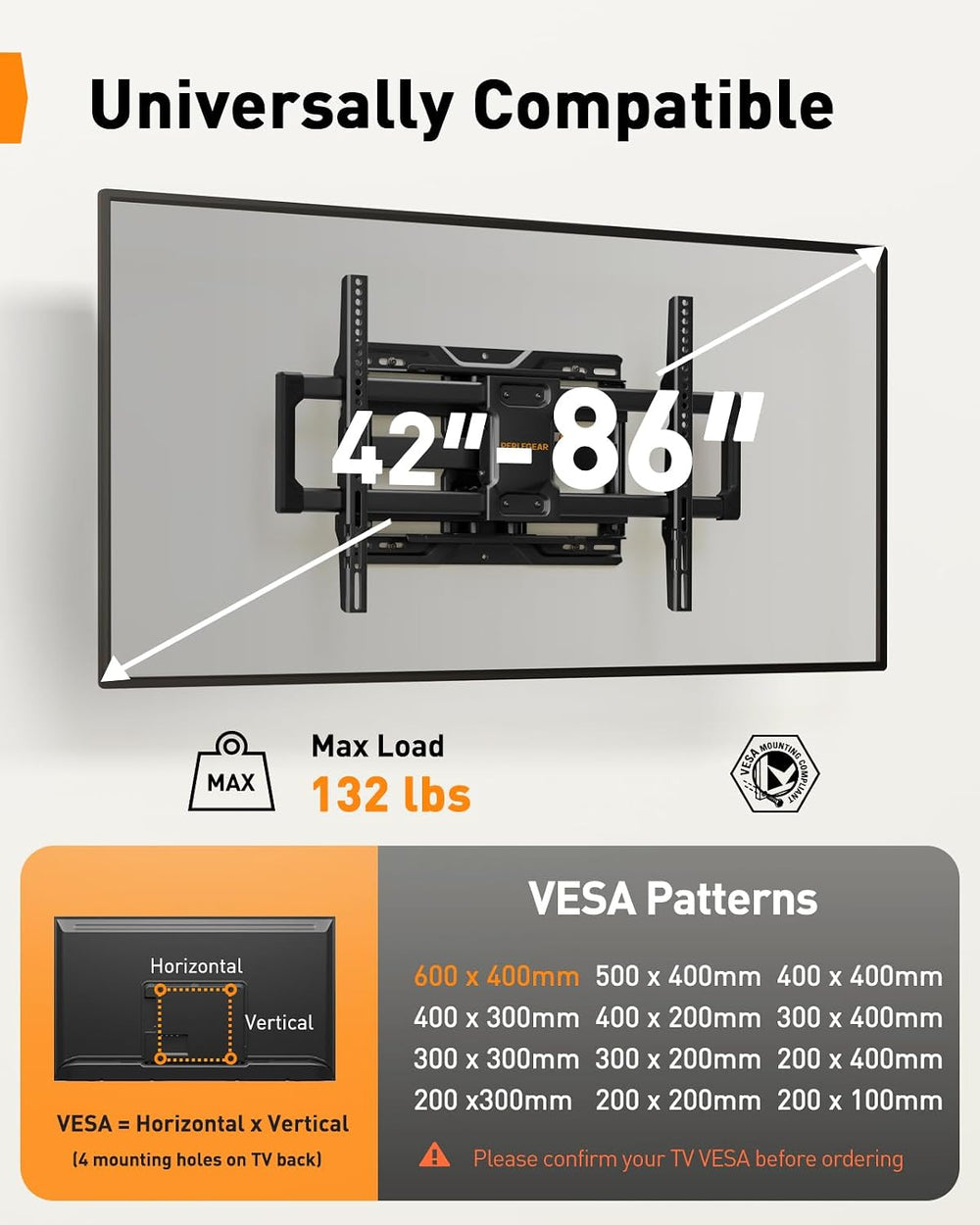 Perlegear Full Motion TV Wall Mount for 42–86 inch TVs up to 132 lbs | 30% th...