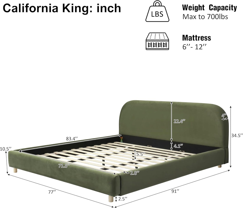 Virubi California King Size Upholstered Bed Frame with Curve Shaped Headboard...