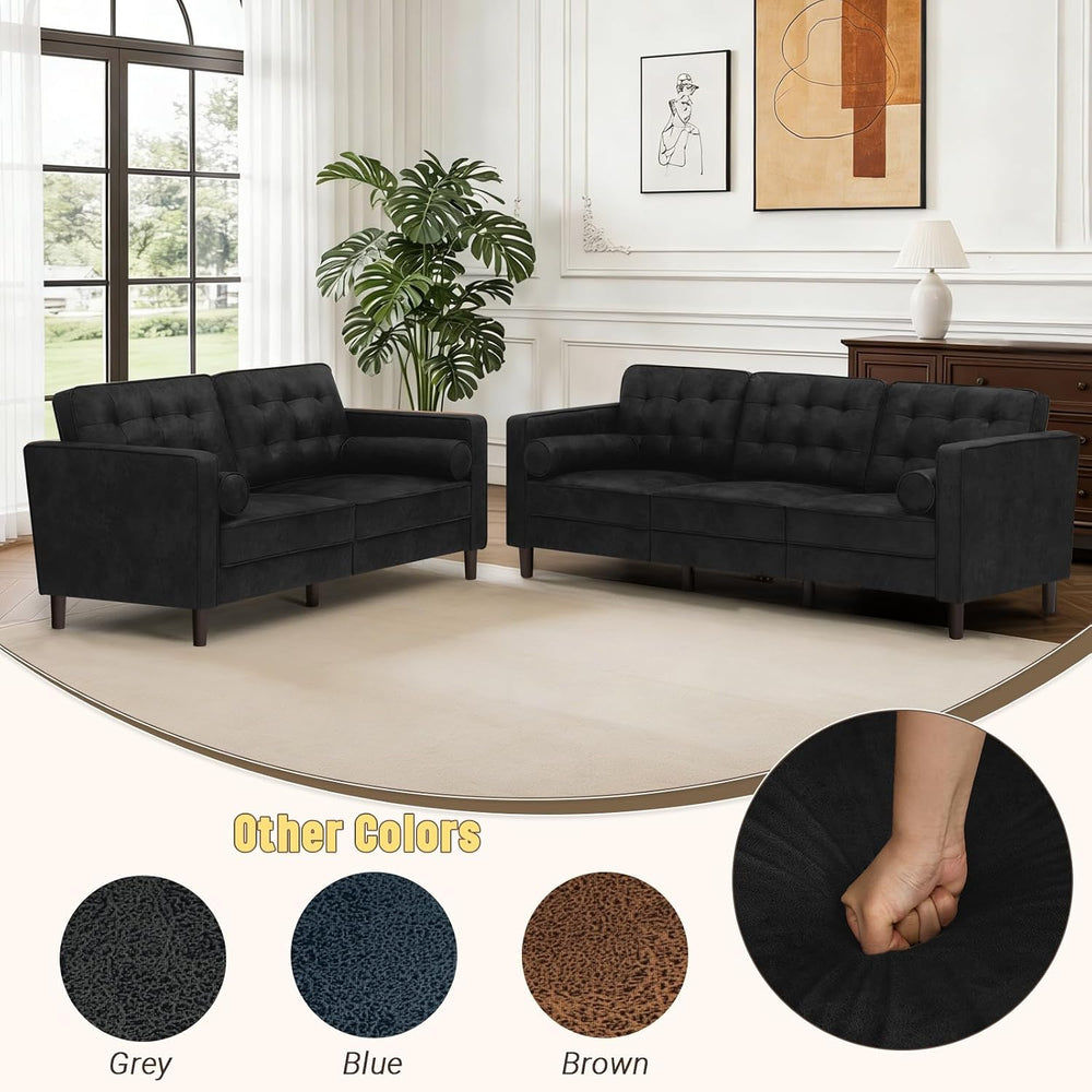 Suede Leather Upholstered Sofa Set with Tufted Backrests, Black