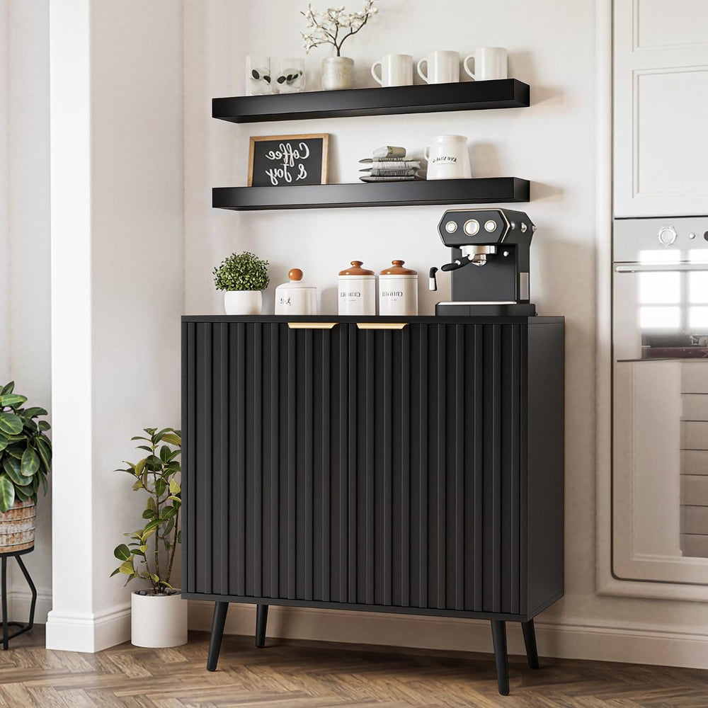 Black Fluted Buffet Cabinet, Free Standing Sideboard with Storage, Wood Accen...