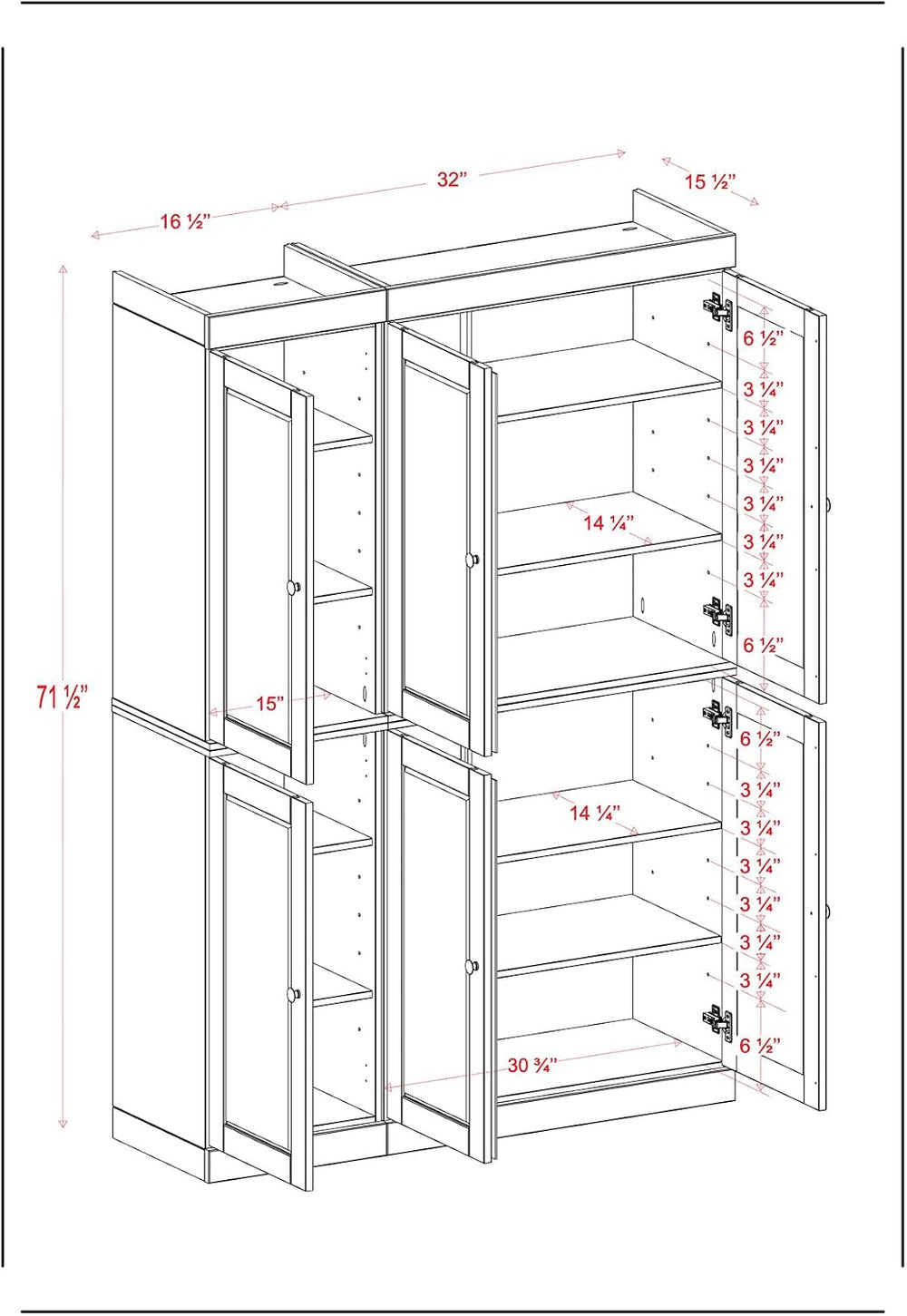 Palace Imports Solid Wood Kitchen Pantry Cabinet 71.5" Tall, 48.5" ...