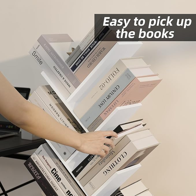 8 Tier Tree Bookshelf with Drawer, Free Standing Wood Bookcase for Living Roo...