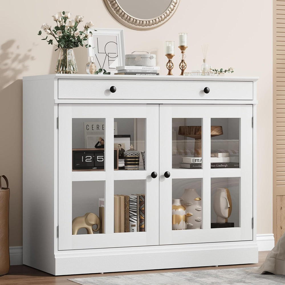 GarveeHome Modern 35.4" Sideboard Buffet Cabinet with Glass Door, White