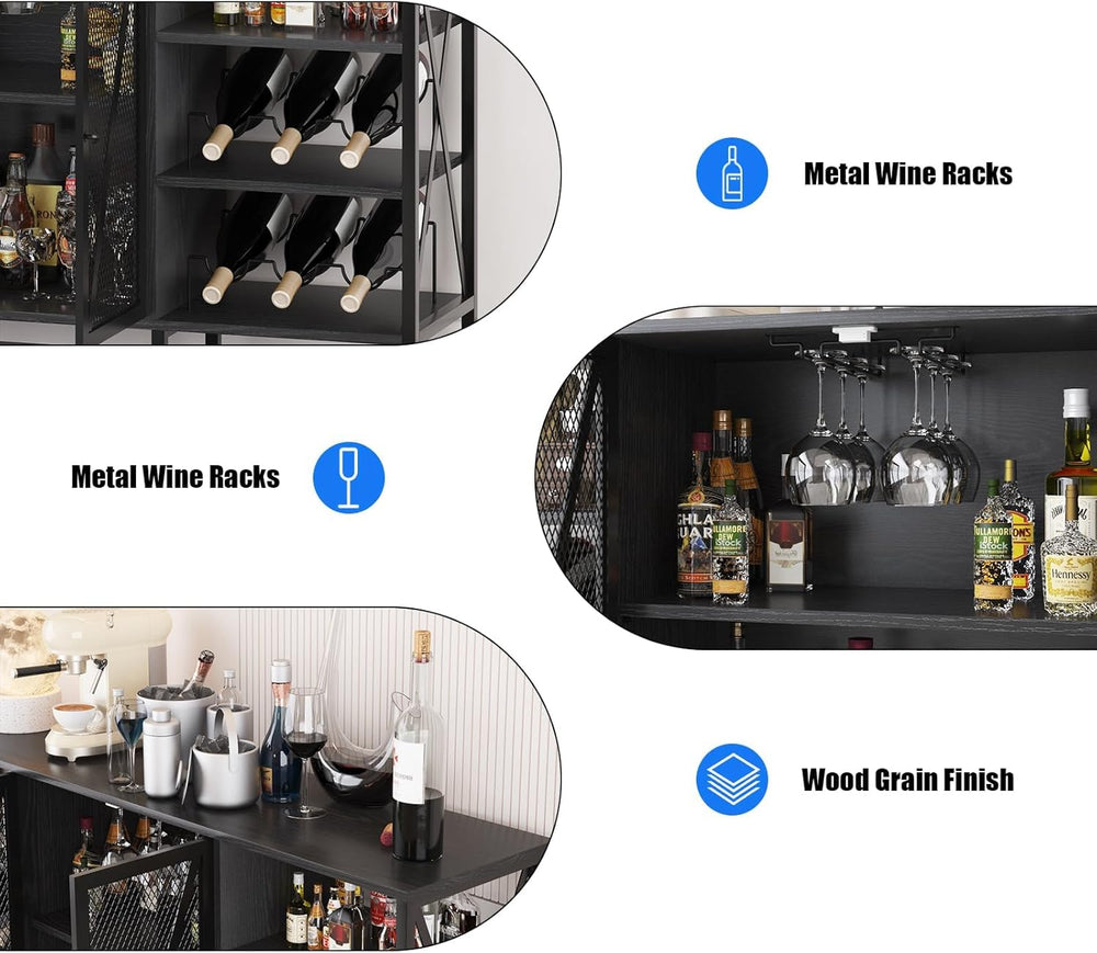 Wine Bar Cabinet with Doors, 55" Freestanding Iron Metal Sideboard Buffe...