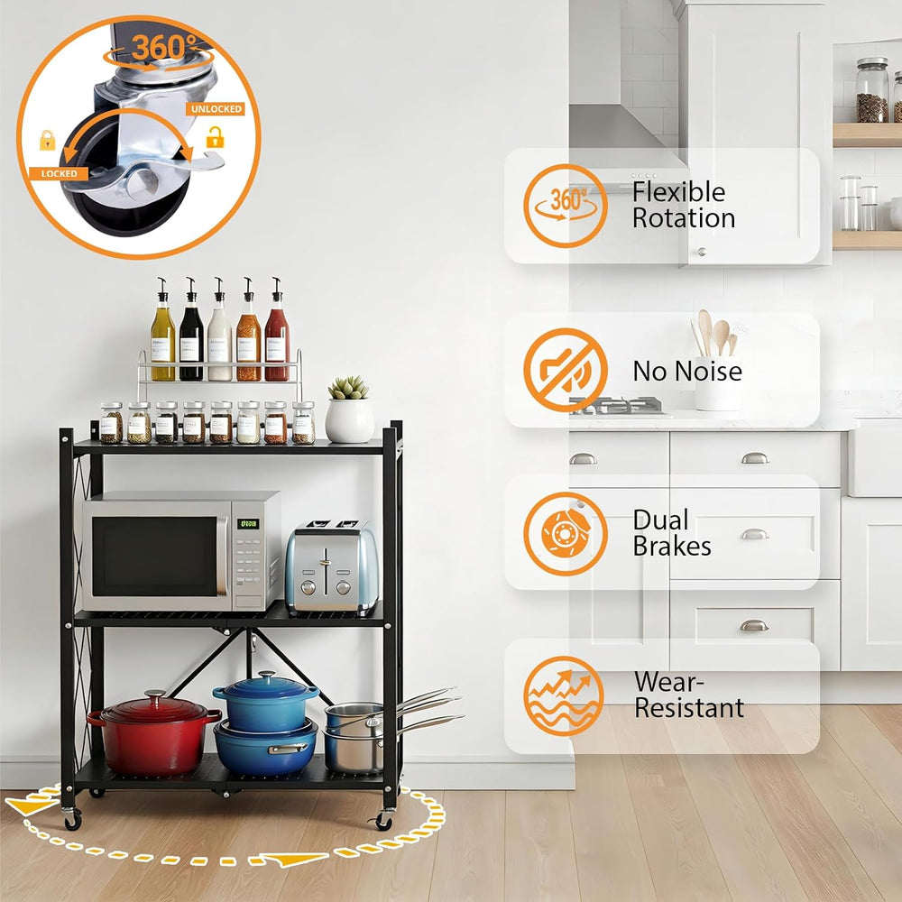 COKIHOM 3-Tier Folding Shelf, No Assembly Metal Shelving Unit with Wheels, He...