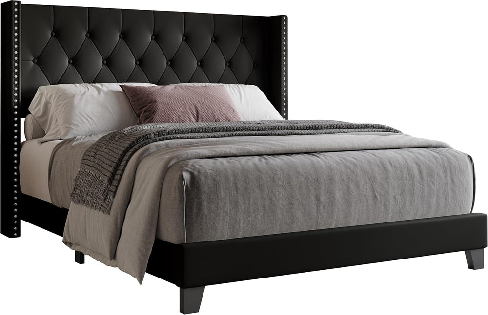 HOME DESIGN Homer King Tufted Wingback Upholstered Panel Bed, Black