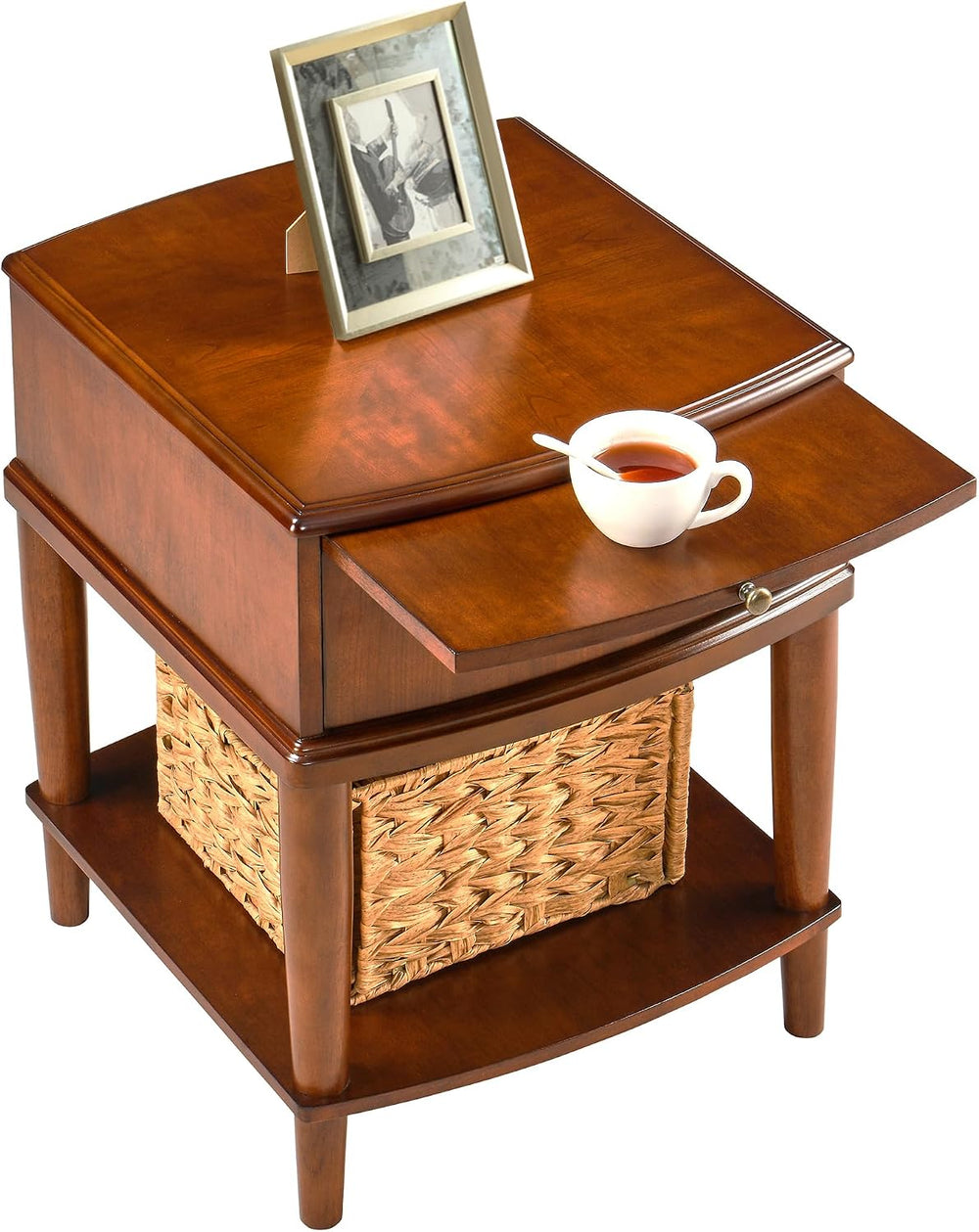 2 Tier Solid Wood Square End Table with Drawer, Wooden Sofa Side Table with P...
