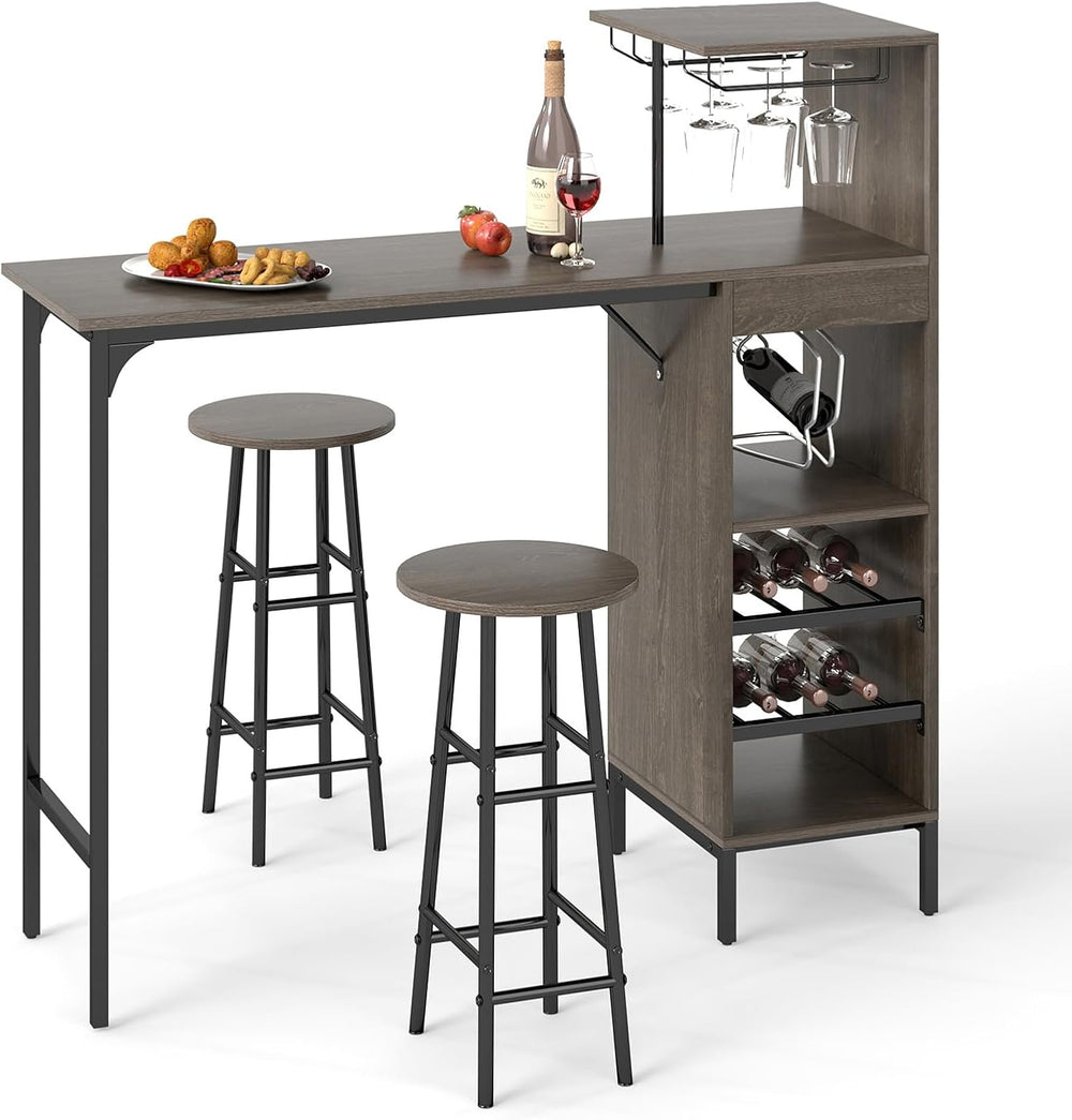 GOFLAME Bar Table Set for 2, Counter Height Dining Table Set with Shelves, Cu...