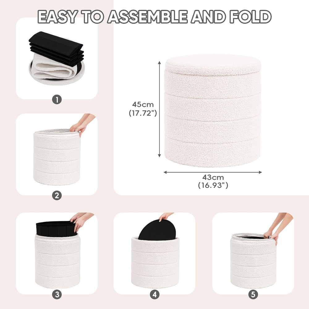 PINPLUS Round Storage Ottoman Foot Rest Stool with Tray Velvet Sherpa Folding...
