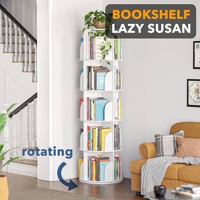 SpaceAid 5 Tier Rotating Bookshelf Tower, Spinning Bookcase Lazy Susan, Revol...