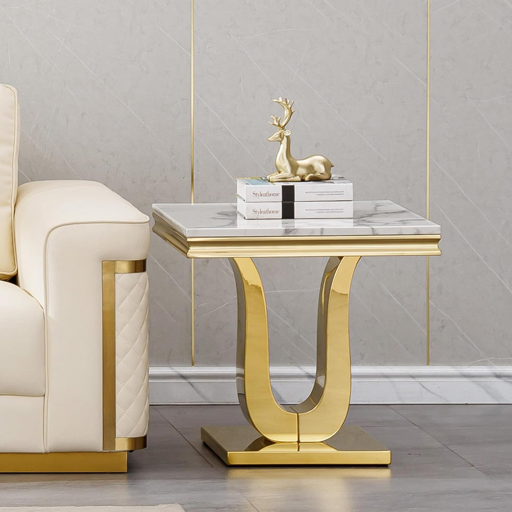 23'' Faux Marble End Table with High-Gloss U Base, Rectangular Marble...