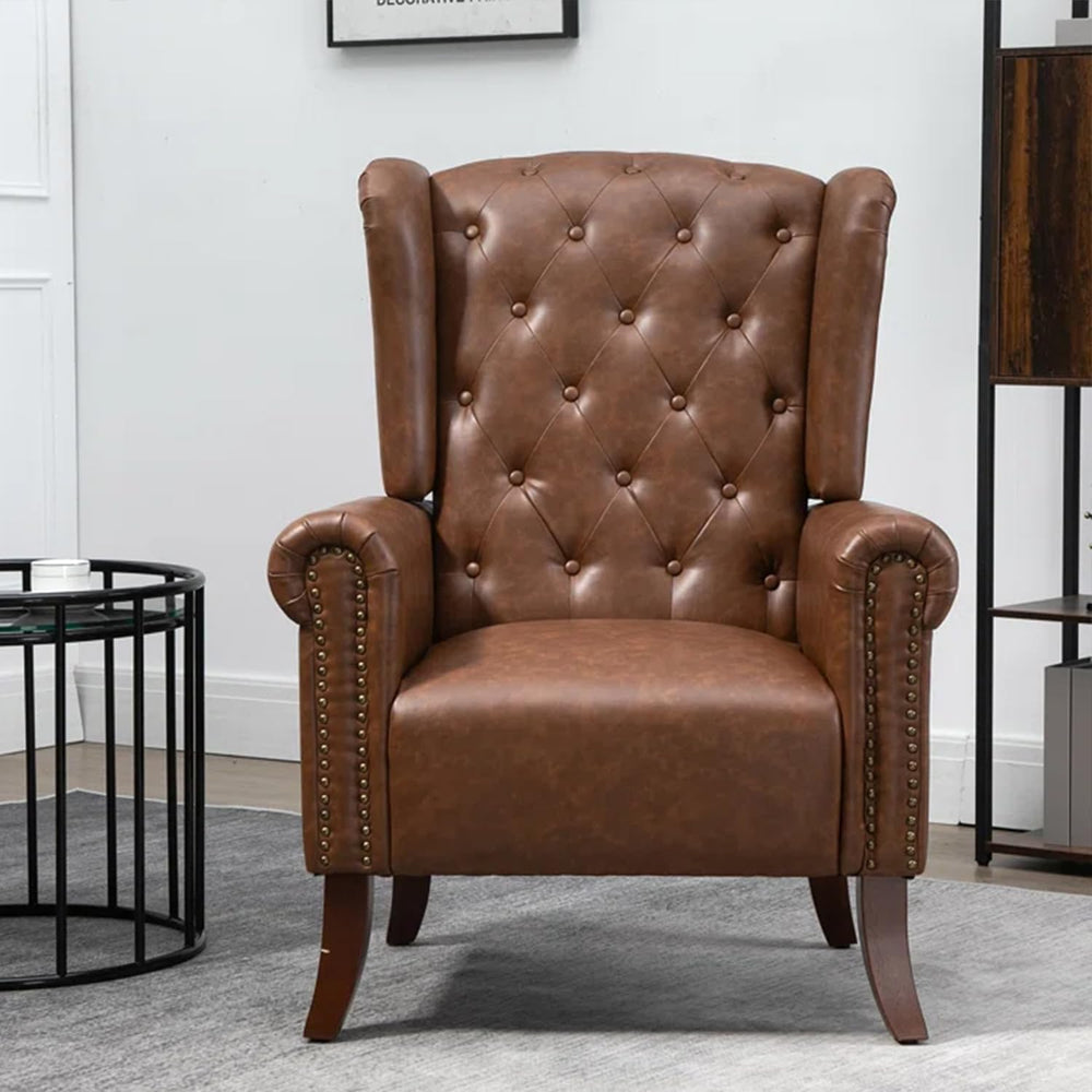 Faux Leather Accent Chair, Mid-Century Armchair Upholstered Club Sofa Chair w...