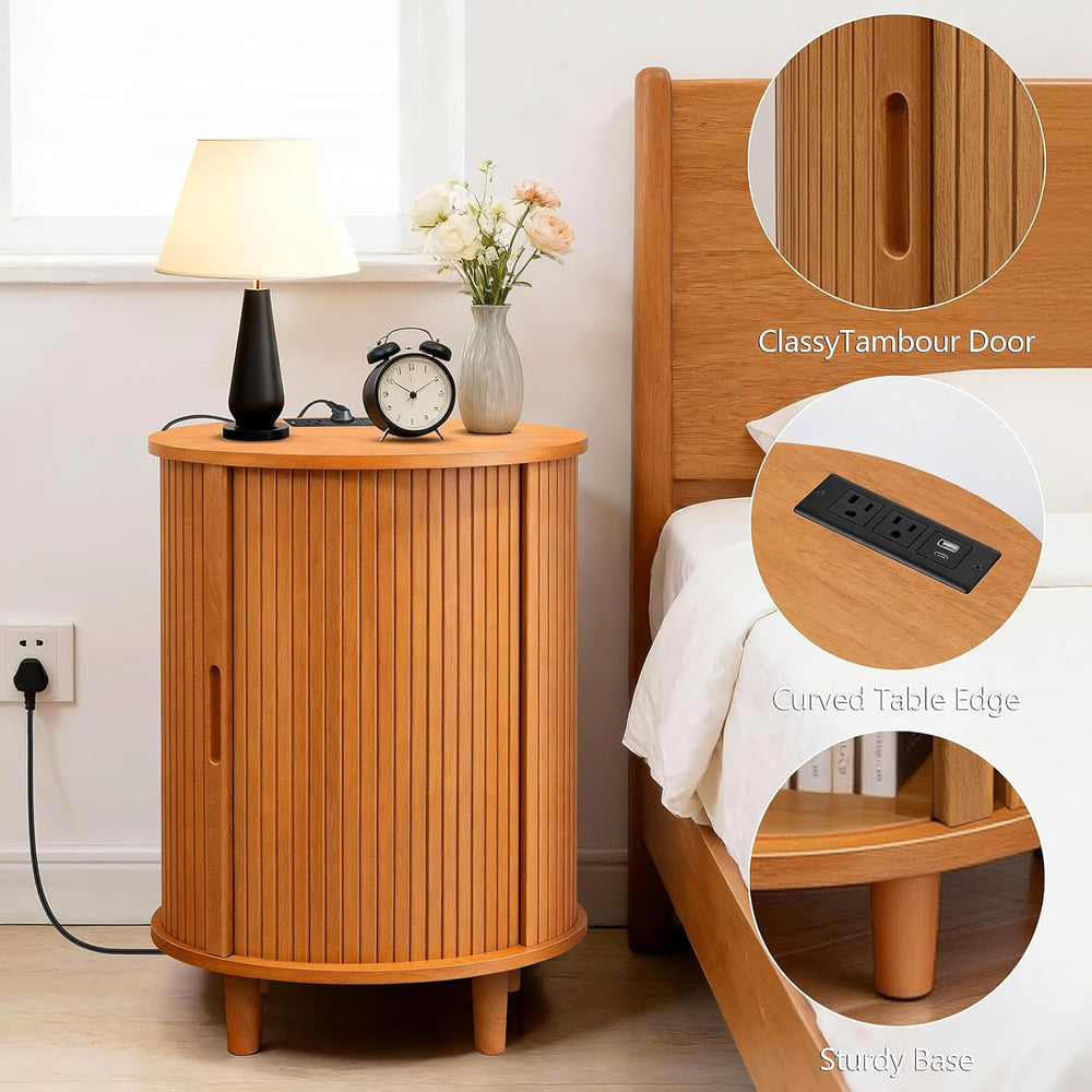 DHH Round End Table with Storage & Charging Station, Fluted Accent Side T...