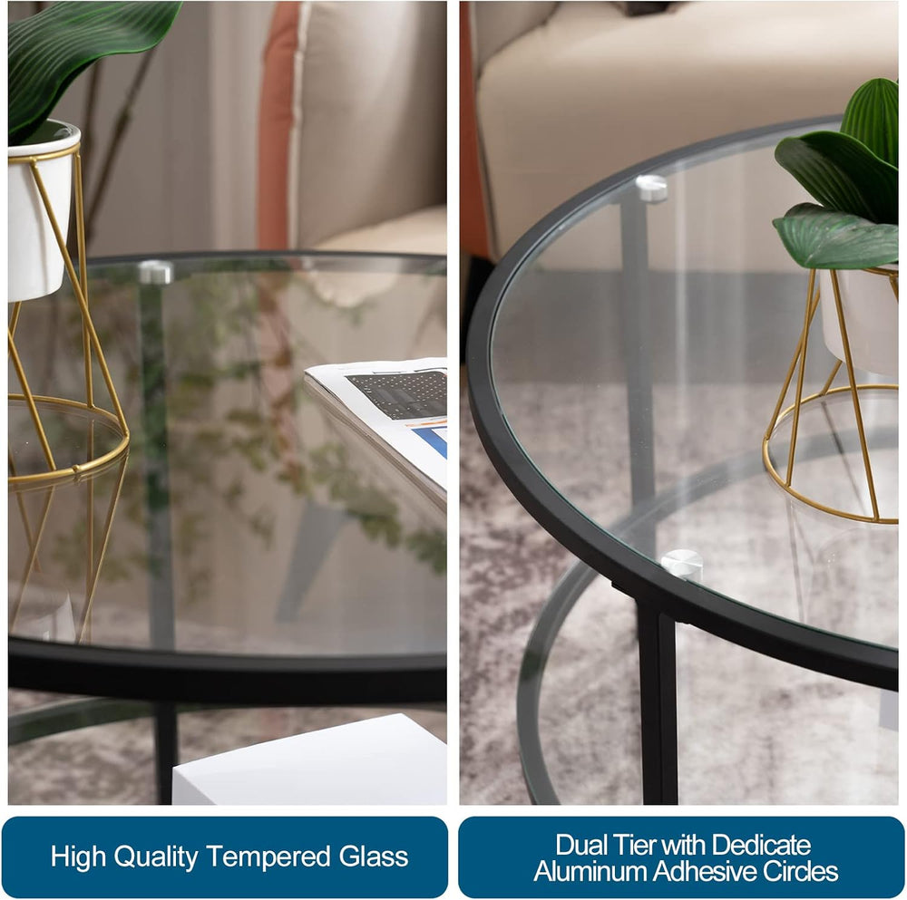 VINGLI 25.6" Glass Coffee Table, Round Coffee Tables for Living Room, Black