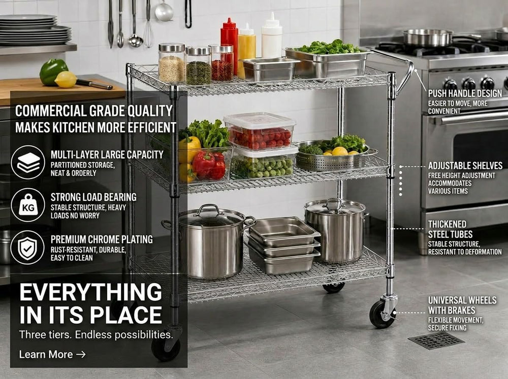 Heavy Duty 3 Tier Rolling Utility Kitchen Cart on Wheels,Large 45"L x 17...
