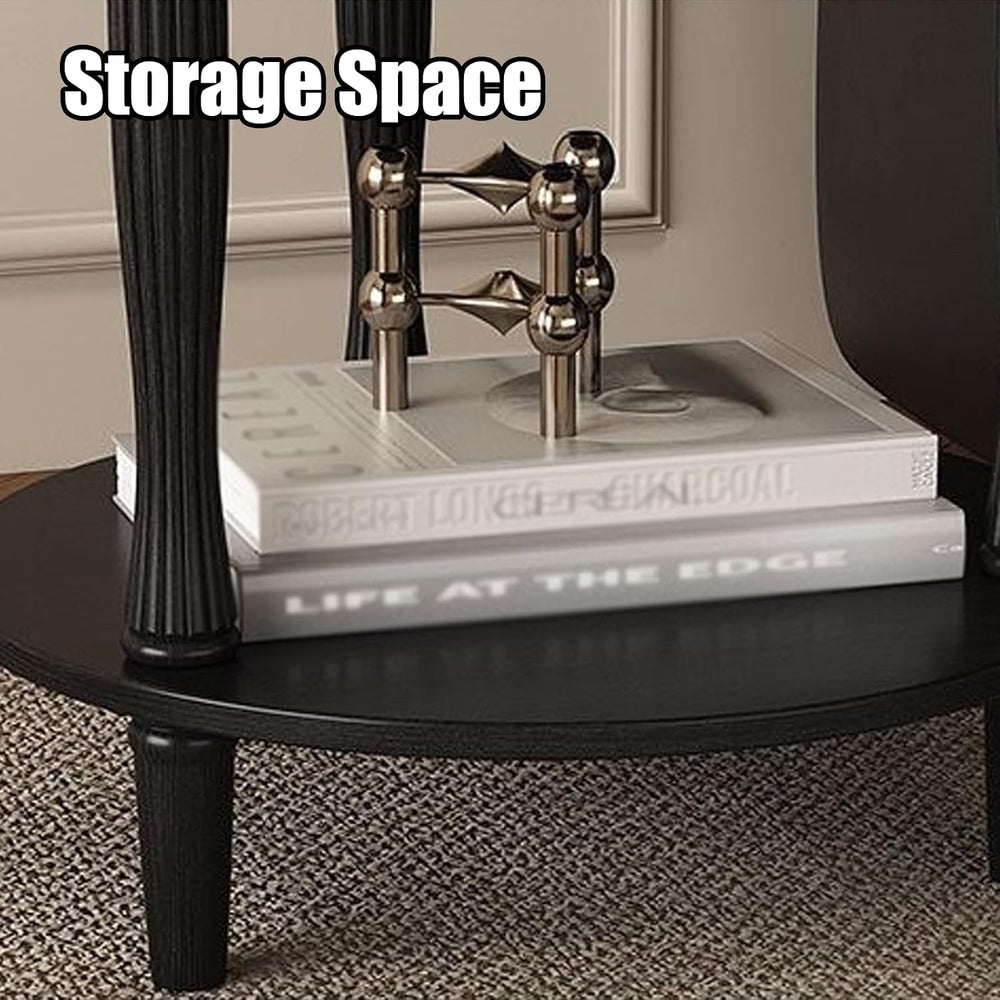 Round Side Table with Roman Column Legs, 2 Tier Sofa End Table with Storage,A...