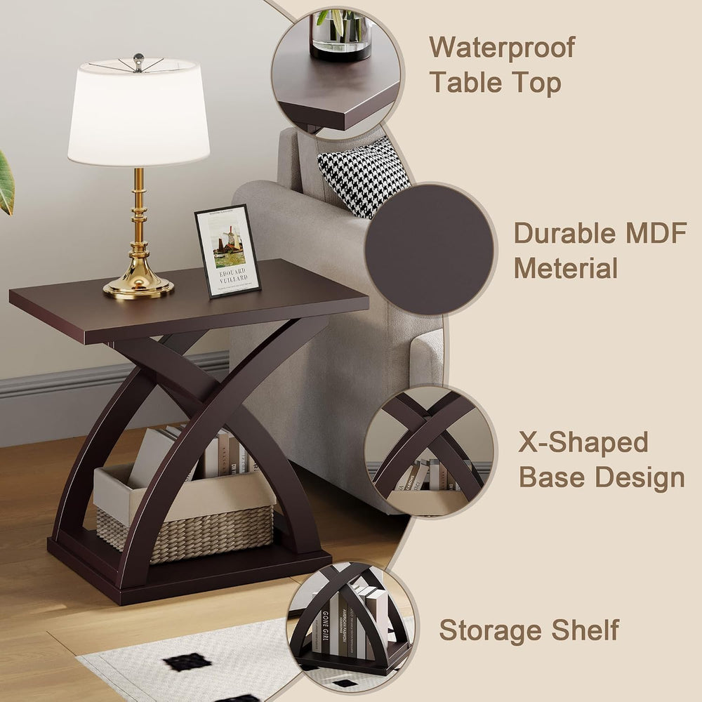 ChooChoo Side Table, Modern End Table with Storage Shelf, X-Design