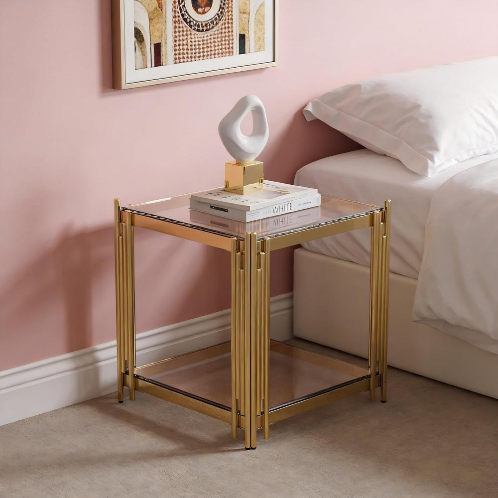 Luxury Gold Square Glass End Table, 19.7" Modern Side Table with Stainle...