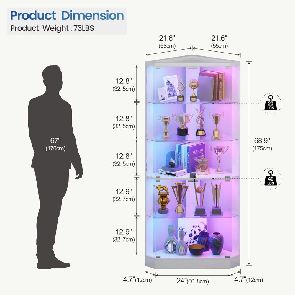 HNEBC Corner Display Case with - RGB Lights and Glass Shelves,5-Tier Corner C...