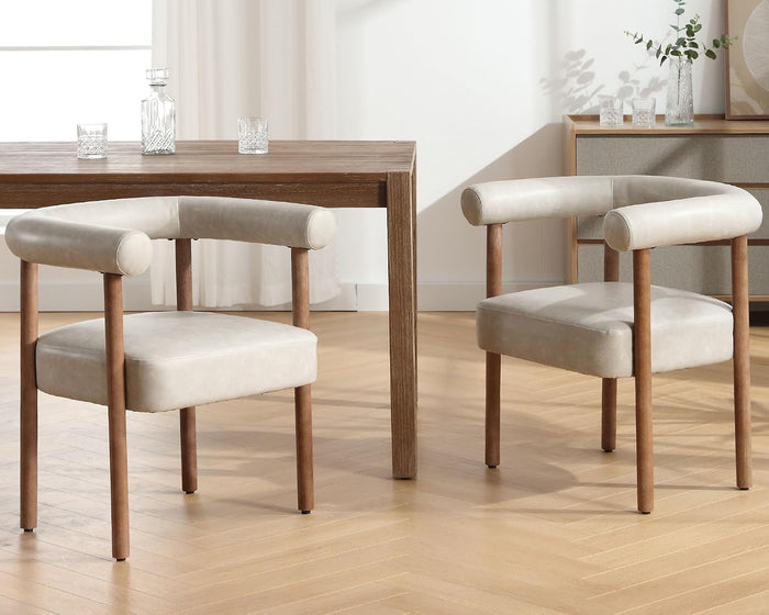VESCASA Upholstered Dining Chairs with Natural Brush Wood Legs, Faux Leather Mid-Century Modern PU Dining Chairs with Curve Padded Open Back for Dining Room, Kitchen, Set of 2, Light Grey