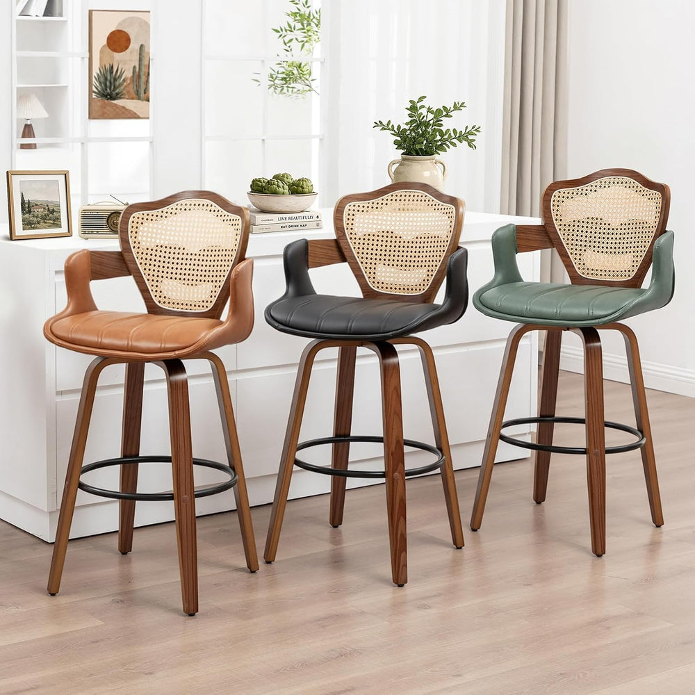 Mid-Century Modern Swivel Counter Stools with Supportive Rattan Back & Ar...
