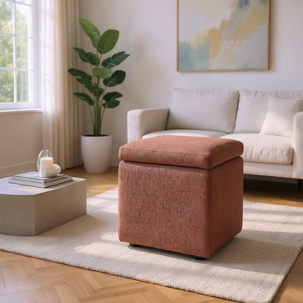 Brown Linen-Textured Ottoman with Storage, 42×42×44 cm Square Foot Rest Stool...