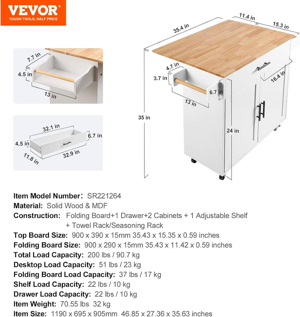 VEVOR Kitchen Island Cart with Solid Wood Top, 35.4" Width Mobile Carts ...