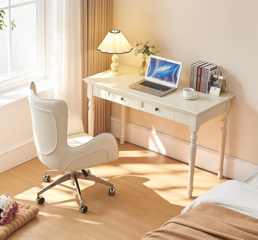 French Country Style Writing Desk with Drawers, White, 47''