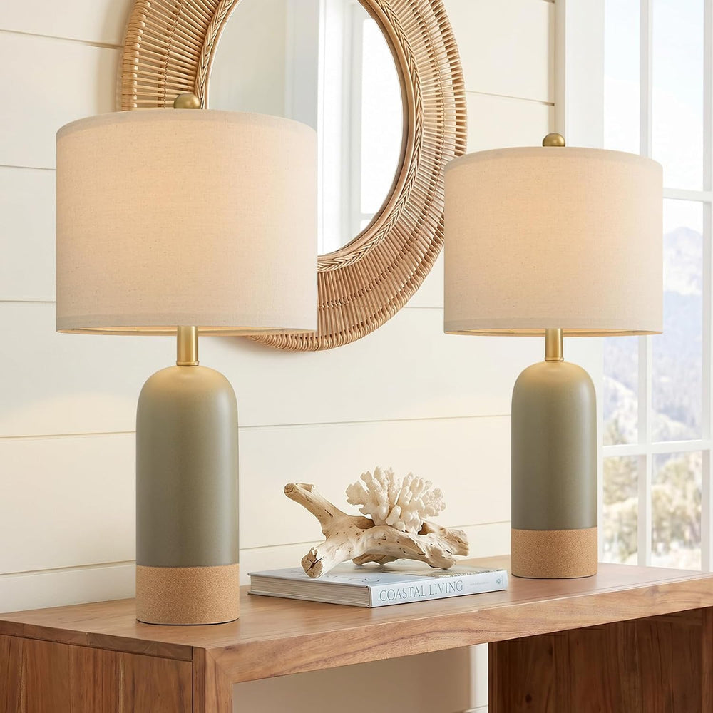 PoKat 24'' Hand-Textured Green Table Lamps, Farmhouse Bedside Lamp Se...