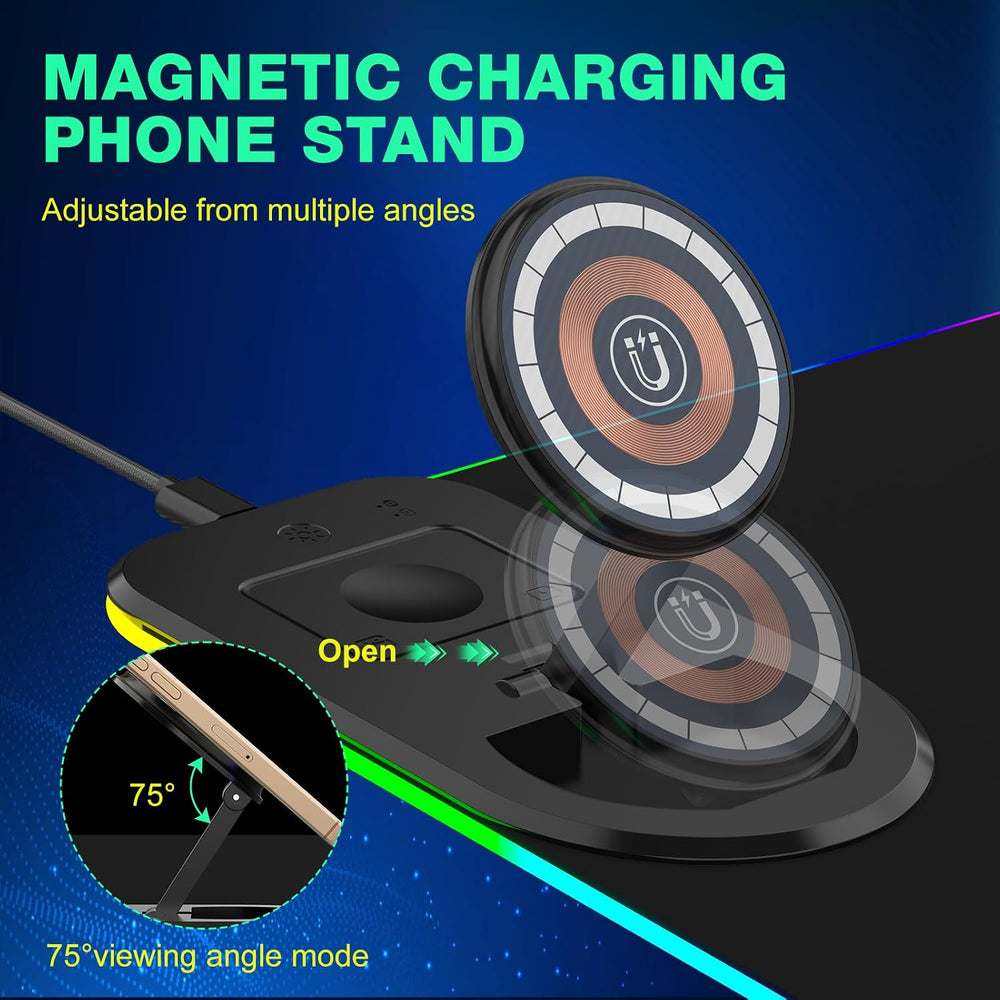 RGB Gaming Mouse Pad Wireless Charging Desk Mat with Foldable Phone Stand, La...