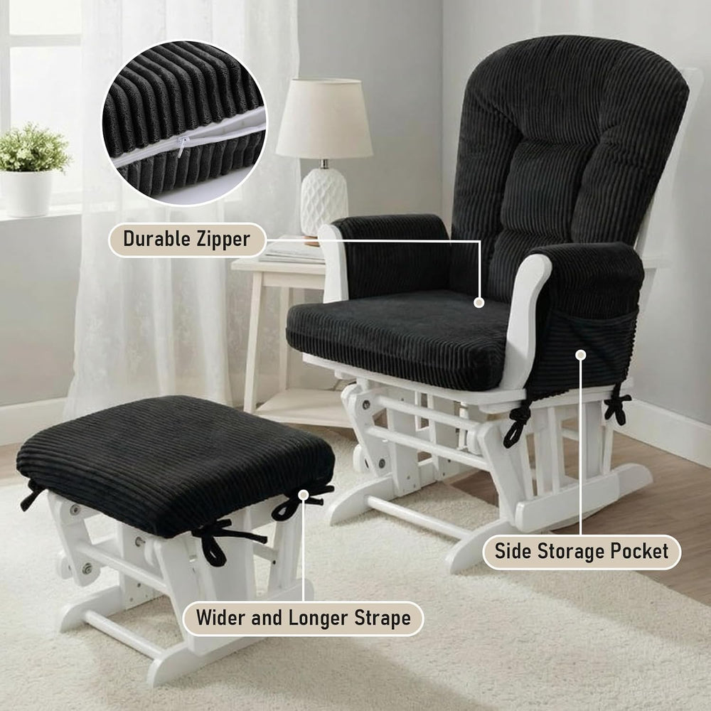 5PCS Glider Rocker Replacement Cushions with Storage Side Pockets, Black