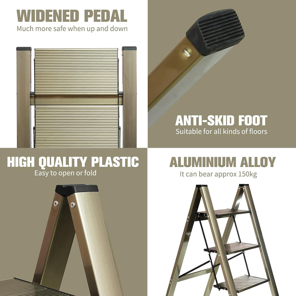 3-Step Aluminum Lightweight Folding Step Stool Ladder with Anti-Slip and Expa...