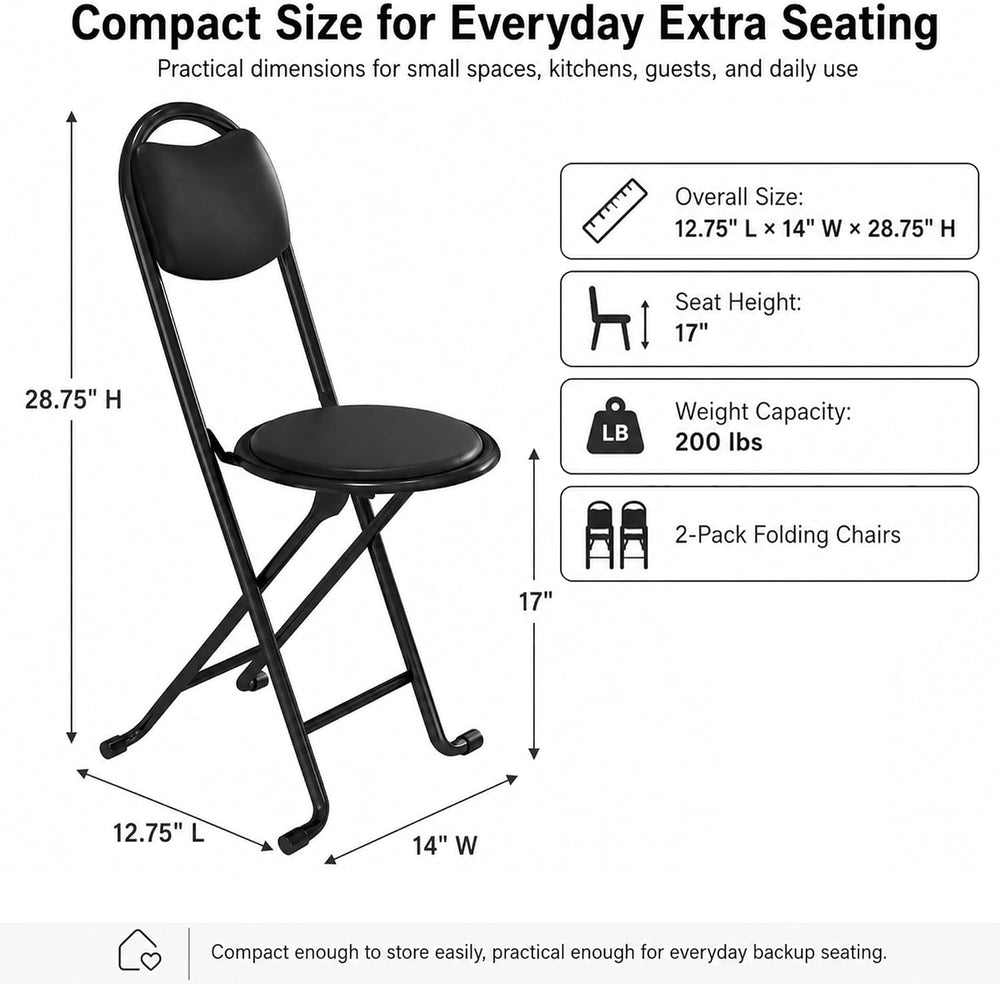 2 Pack Folding Stool with Back, 17 Inch Small Folding Chair, Black Stool with...