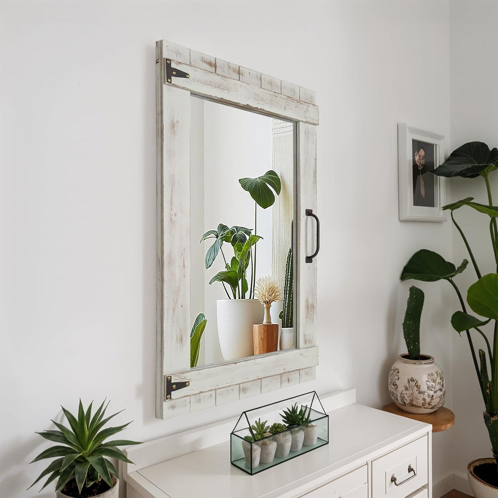 Oakrain Farmhouse Mirror, 24x32 Inch Distressed Gray Wood Frame with Black Me...