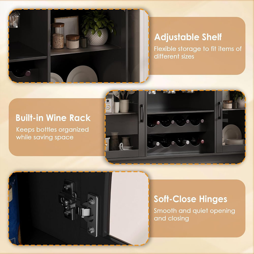 Large Coffee Bar Cabinet LED Wine Pantry Cabinet with Storage Hutch | 70.8&qu...