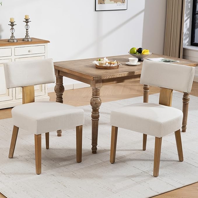 Dining Chairs, Fabric Upholstered Wood Kitchen Chairs Set of 2, Linen Curved ...