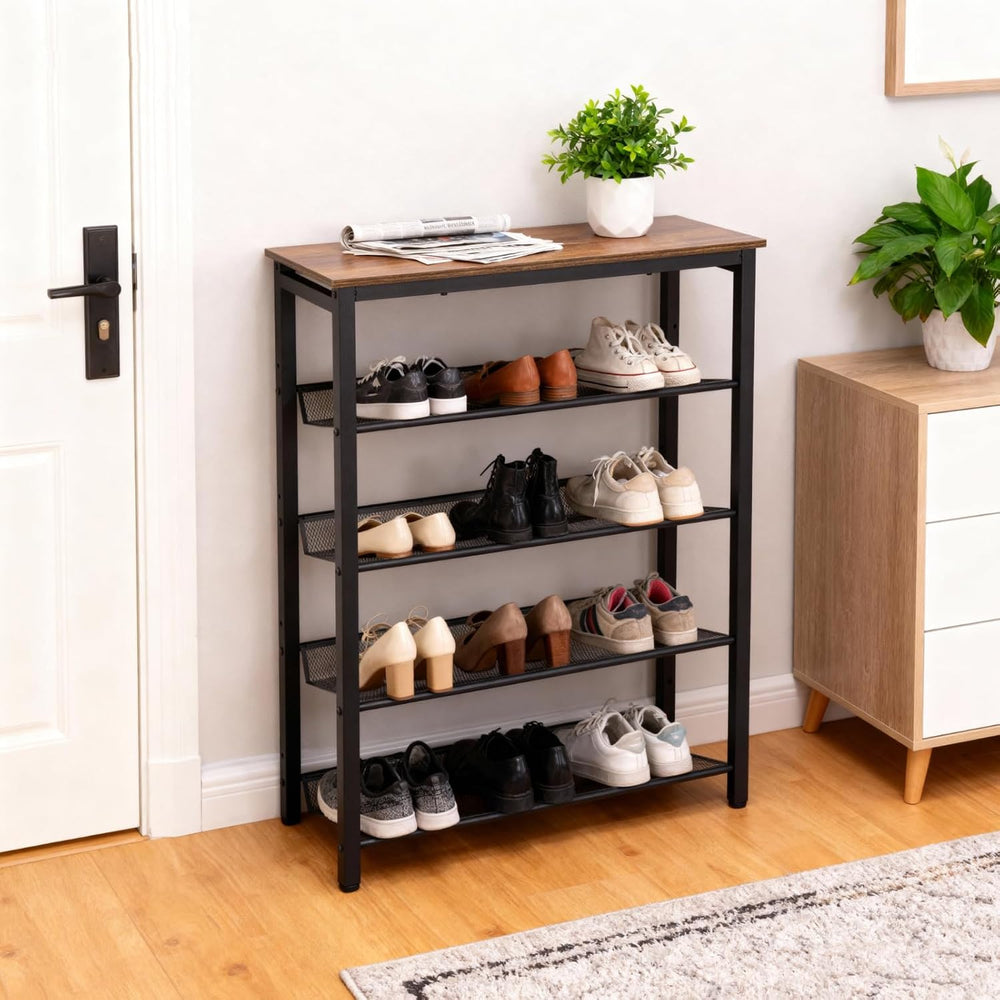 5-Tier Shoe Rack, Tall Industrial Shoe Organizer with Metal Mesh Shelves, Fre...