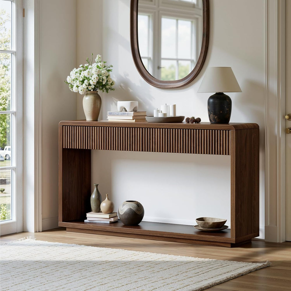 Evermagin 59'' Walnut Console Table with Drawers, Sofa Table with Sto...