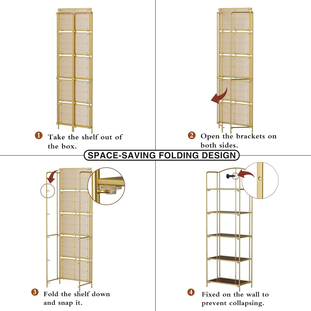 5-Tier Foldable Bookshelf, Gold Frame & Walnut Shelves