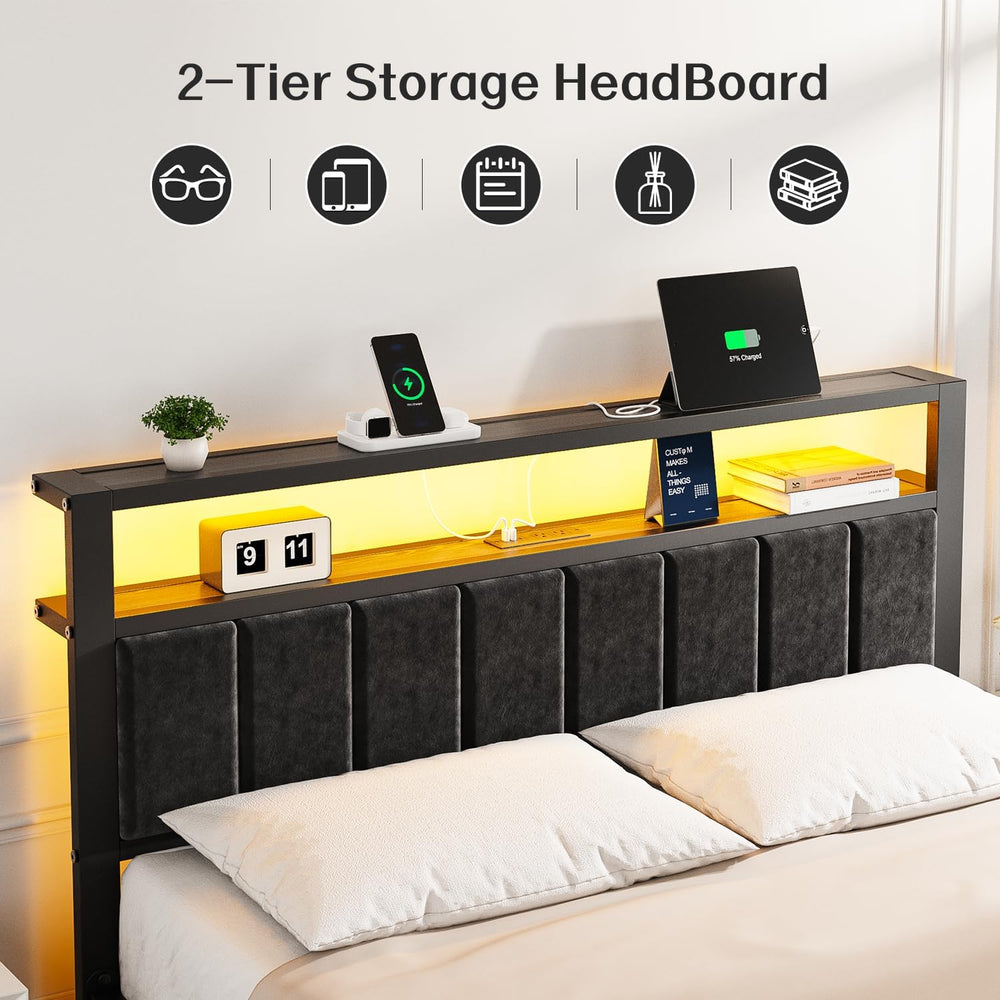 OLEVS Queen Size Bed Frame with LED Lights & Charging Station, Modern Pla...