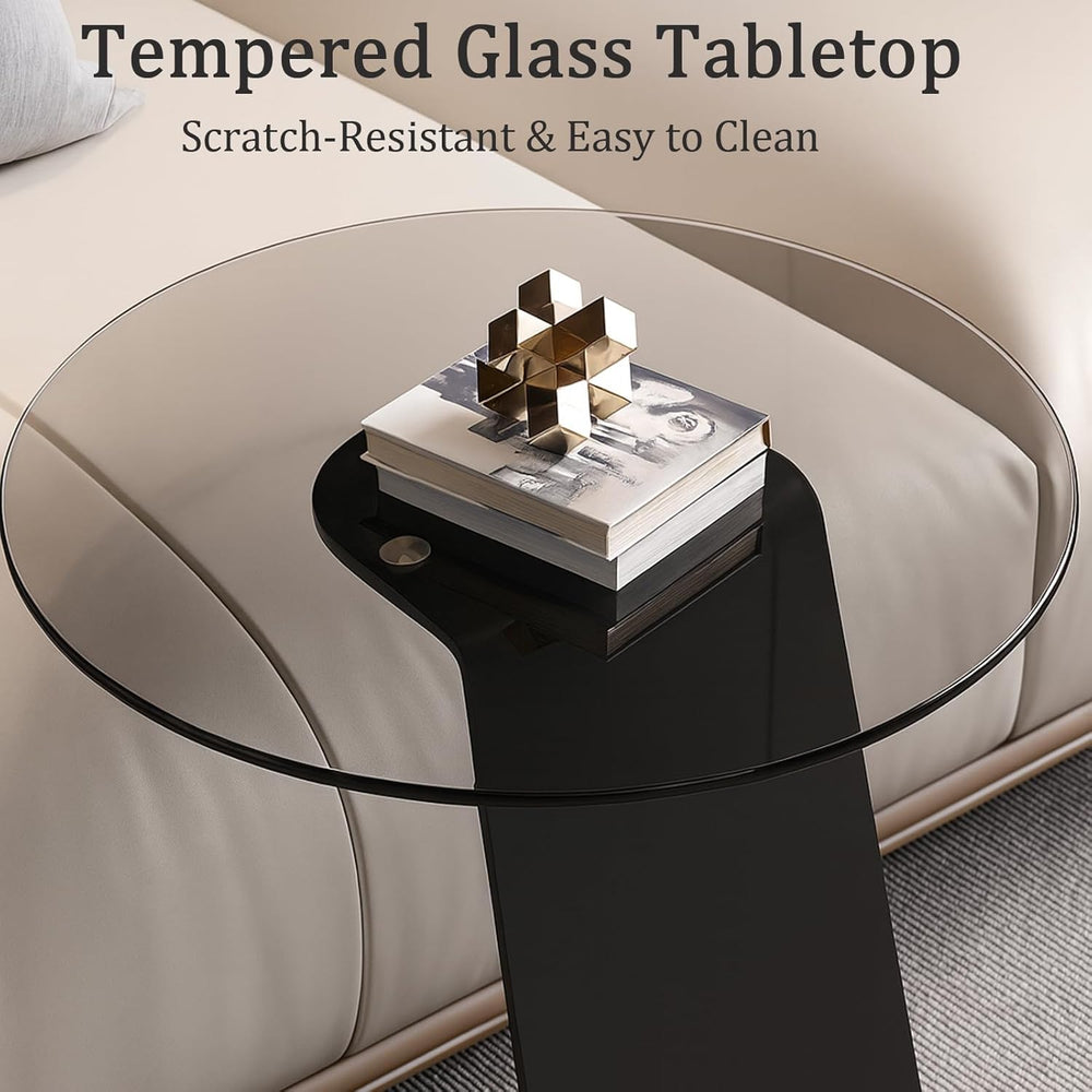 Modern C-Shaped End Table, Tempered Glass Tabletop Couch Side Table, Black Ro...