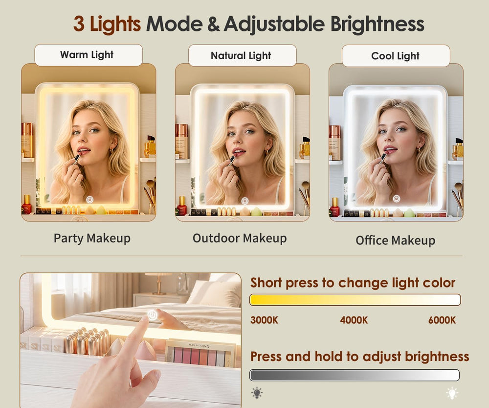 White Small Vanity Desk with Mirror and 3 Adjustable Light Modes | Dimmable L...