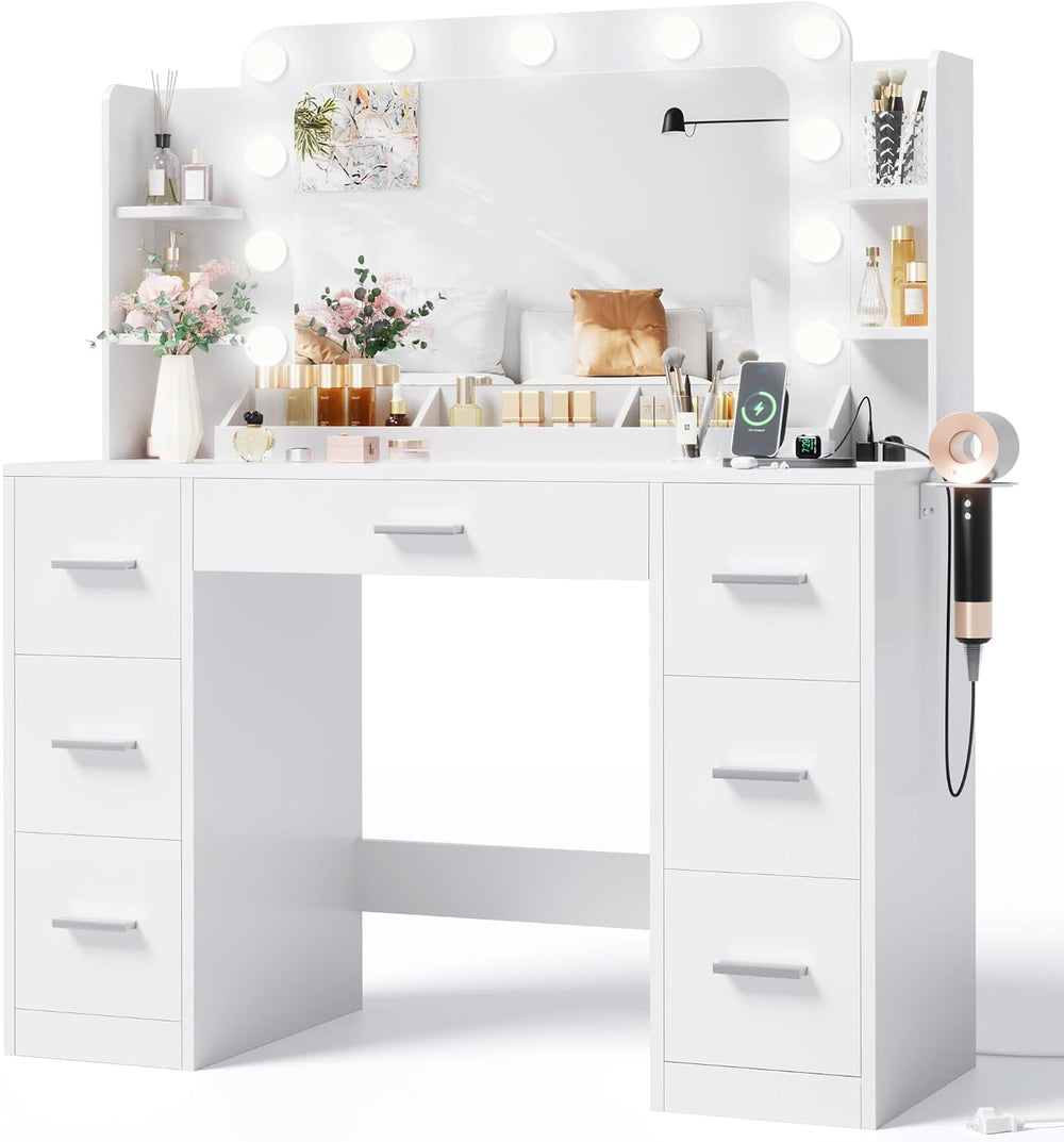 JUMMICO Makeup Vanity Desk with Large Mirror and Lights, Vanity with Power St...