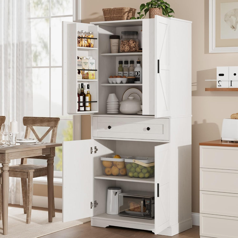 Garvee 71" Kitchen Pantry Cabinet, Barn Door Freestanding Cupboard with ...