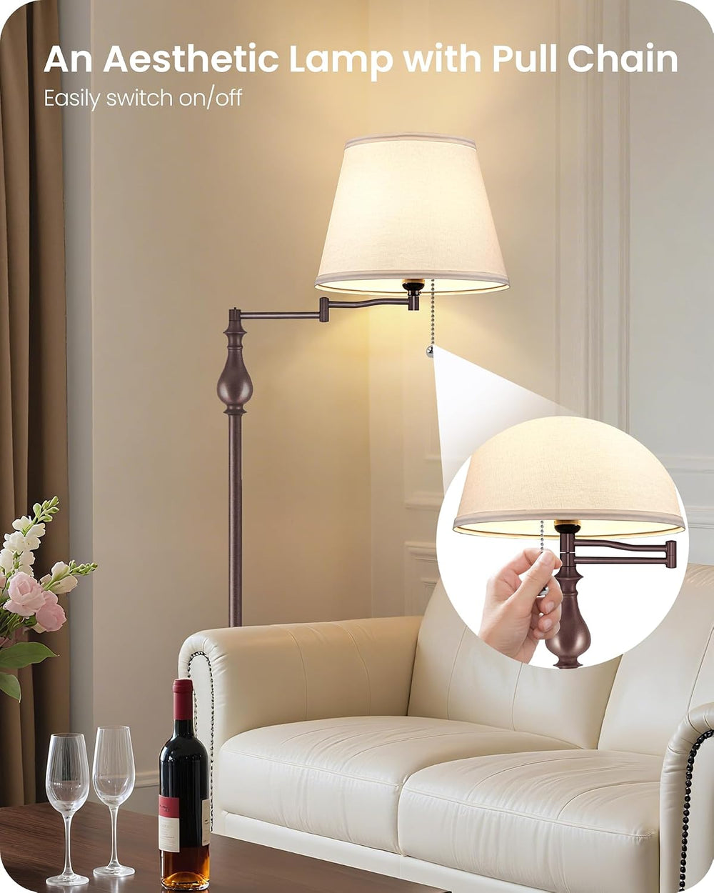 61" Vintage Floor Lamp with Adjustable Swing Arm,Rustic Brown & Whit...
