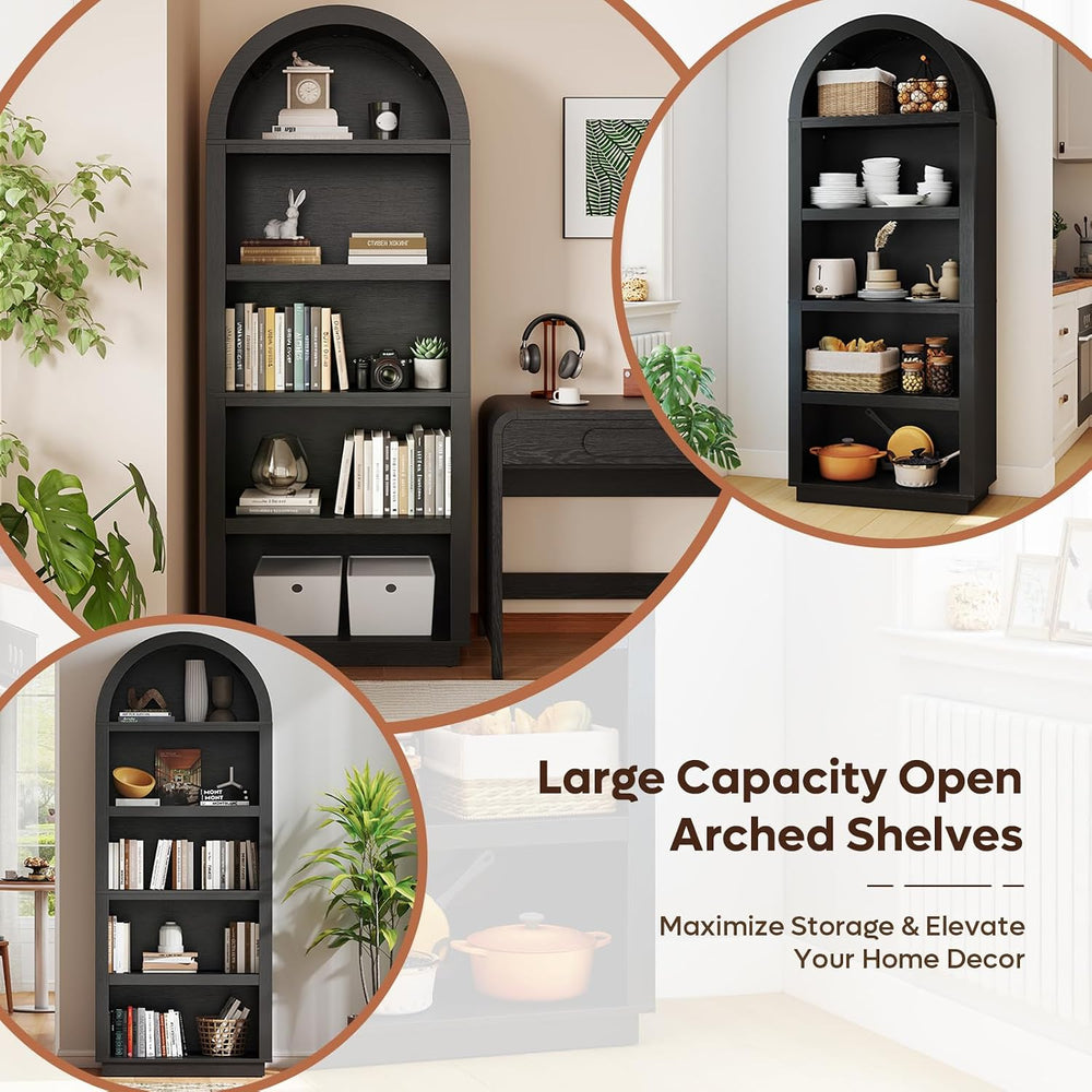 Bestier 76" Tall Arched Bookshelf with Adjustable 2 Book Shelves, Black Oak