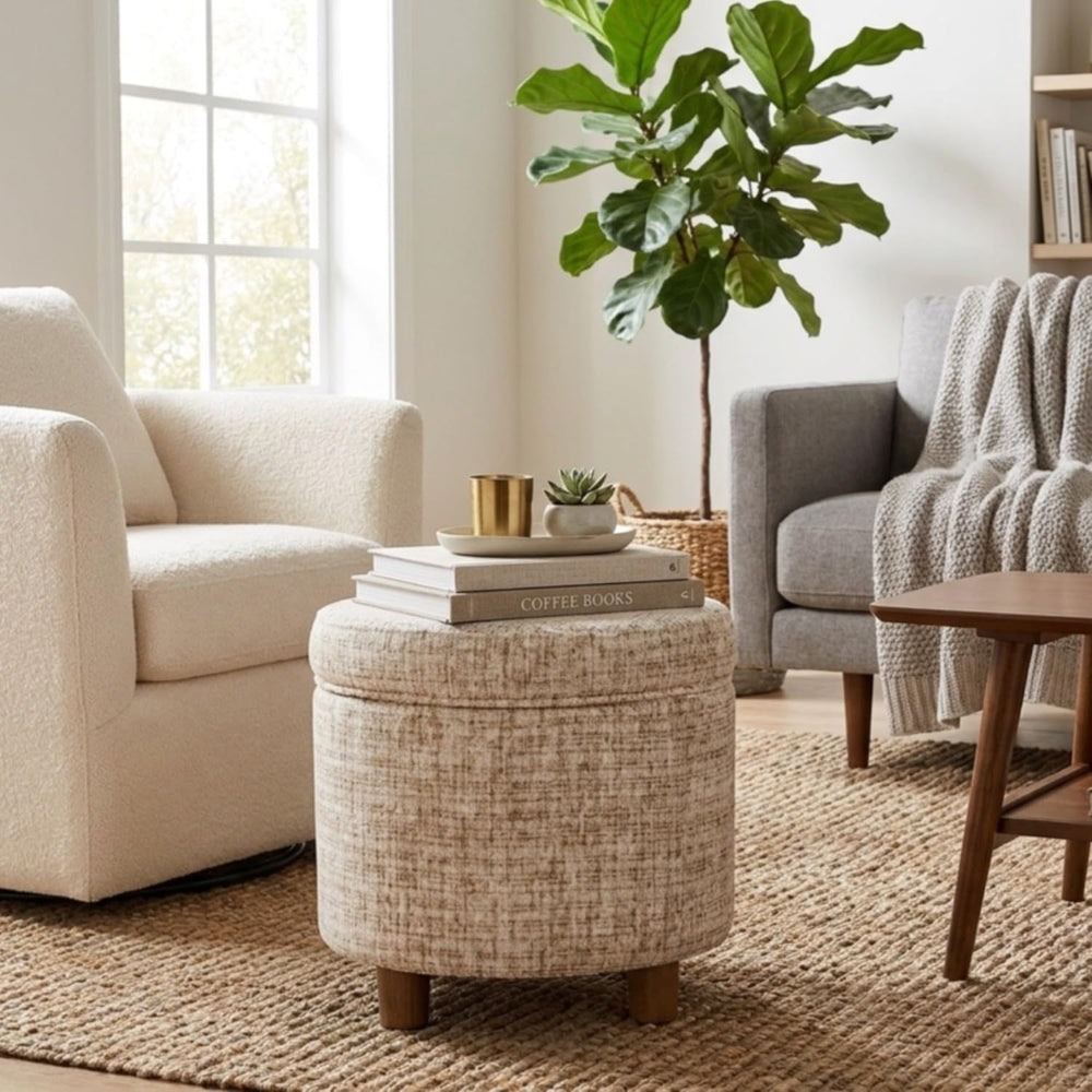 HomePop 19" Round Storage Ottoman - Cream Textural Woven