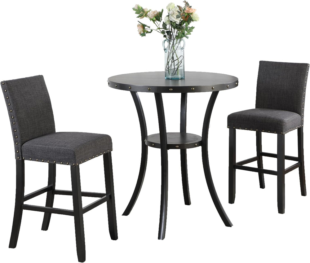 Roundhill Furniture Biony 3-Piece Round Espresso Bar Table with Nail Head Sto...