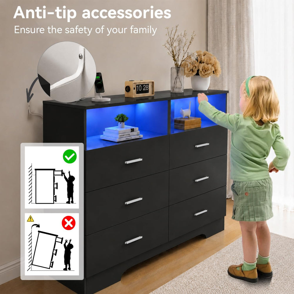GEPELCN 6 Drawer Dresser with Power Outlets and LED Wooden Chest of Drawers w...