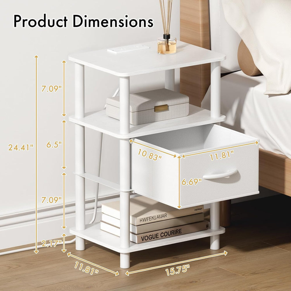 Bedroom Nightstand with Charging Station, Bedside Table with Adjustable Fabri...